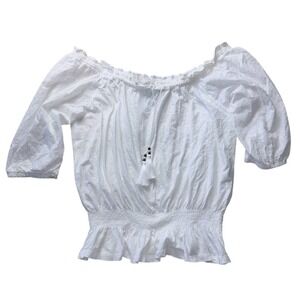 Lauren Ralph Lauren Womens 1X White Eyelet Lace Sleeve Scoop Neck Ruffle OTS Top